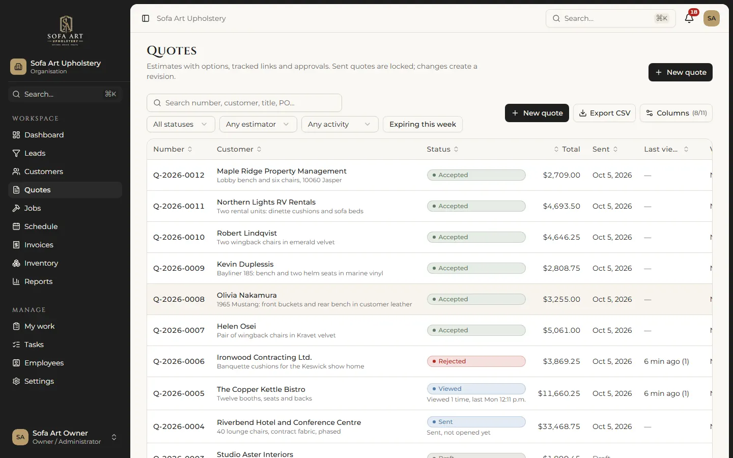 Quotes list with sent, viewed, accepted and rejected statuses (demo data)